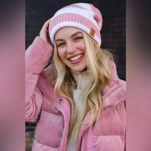 PANACHE Pink Blush & White Striped Slouchy Knit Beanie Winter Fall Hat